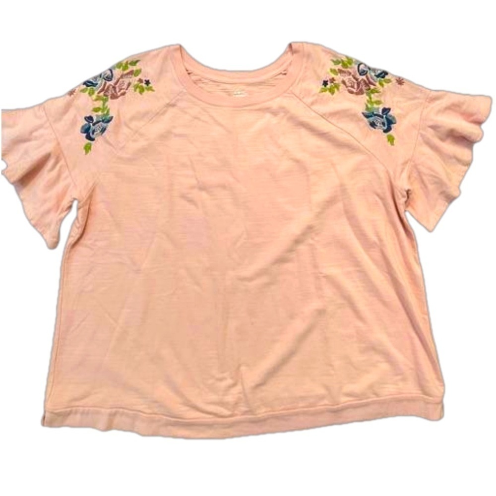ST. JOHNS BAY Short Sleeve Top Ruffle Sleeves and Floral Embroidery Shoulders